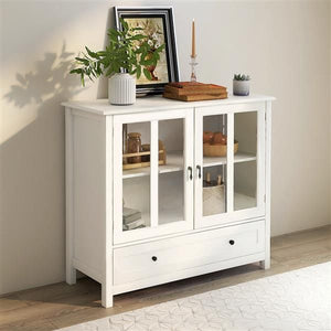 Double Glass Door Buffet Storage Cabinet with Unique Bell Handle for Living Room