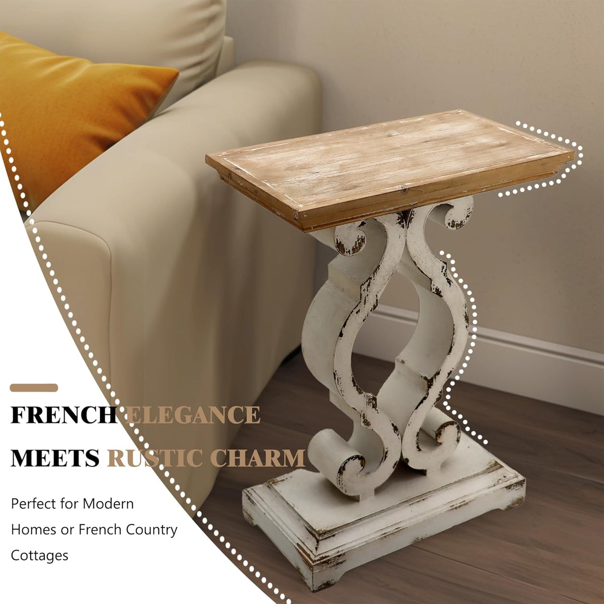 PARISLOFT French Rustic Wooden Side End Table with Shelf, for Living Room, Dining Room, Bedroom, Entryway