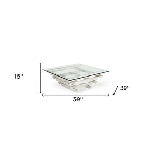 HMS 39\" Clear and Silver Glass Square Stainless Steel Coffee Table with Shelf Sleek Square Sled Design