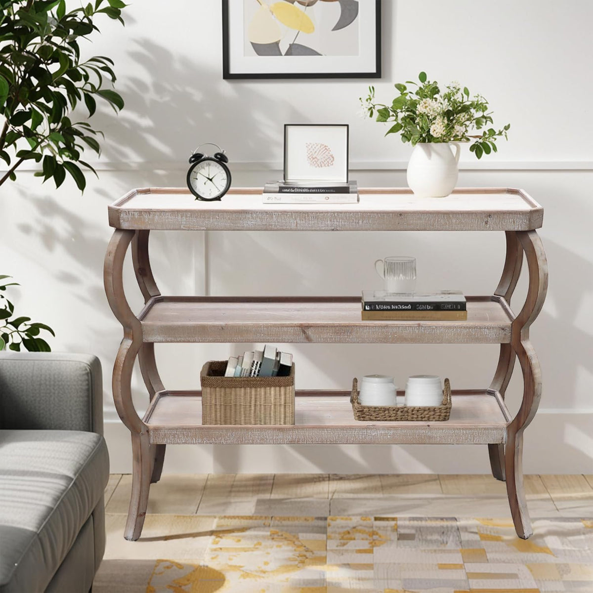 PARISLOFT 3-Tier Wood Console Table, Curved Entryway Table with Shelves, Wood Accent Table for Living Room, Entryway, Hallway, 4