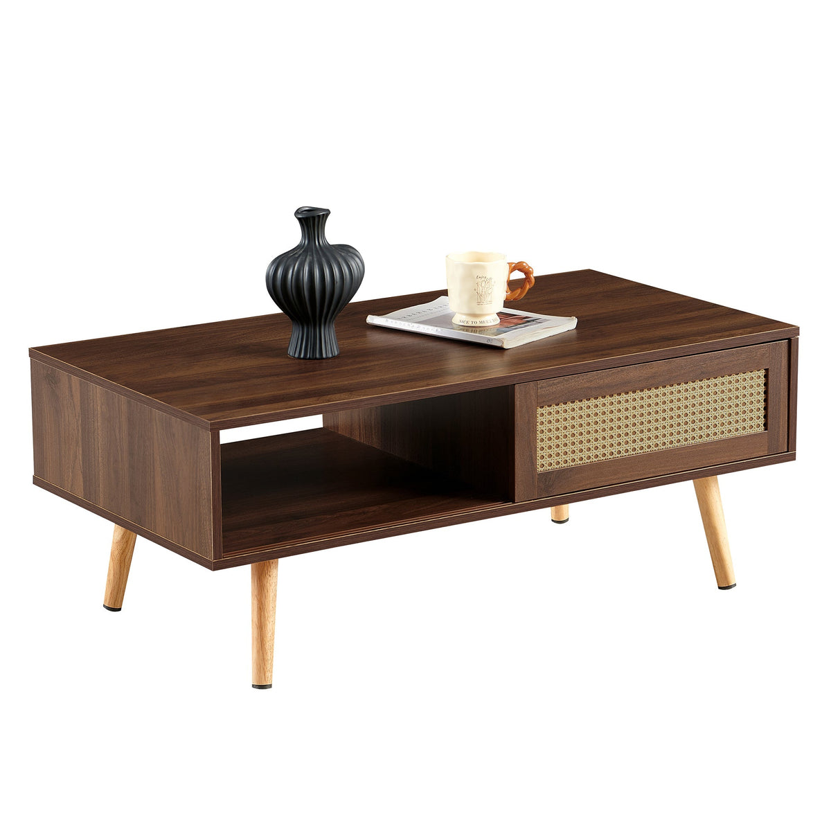 Rattan Coffee Table with Sliding Doors & Open Storage Shelf, Mid-Century Center Table for Small Space, Natural