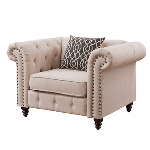 HMS 45 Beige and Black Linen Tufted Chesterfield Chair with Toss Pillow Elegant Living Room Furniture