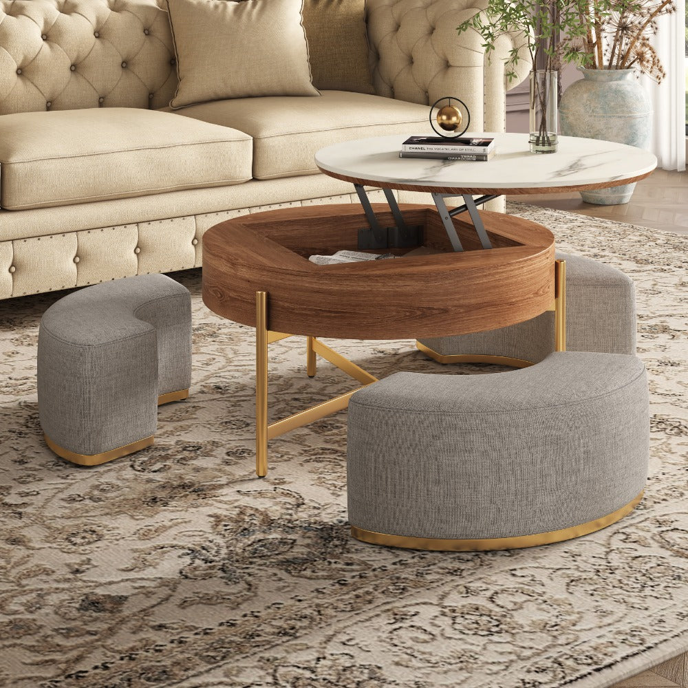 Lift Top Extendable 3 Legs Nesting Coffee Table with Storage 3 Stools Included