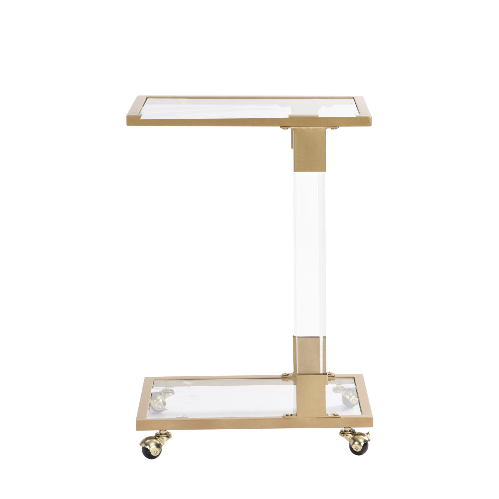 Golden Side Table, Acrylic Sofa Table, Glass Top C Shape Square Table with Metal Base for Living Room
