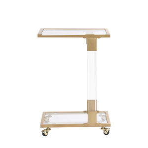 Golden Side Table, Acrylic Sofa Table, Glass Top C Shape Square Table with Metal Base for Living Room