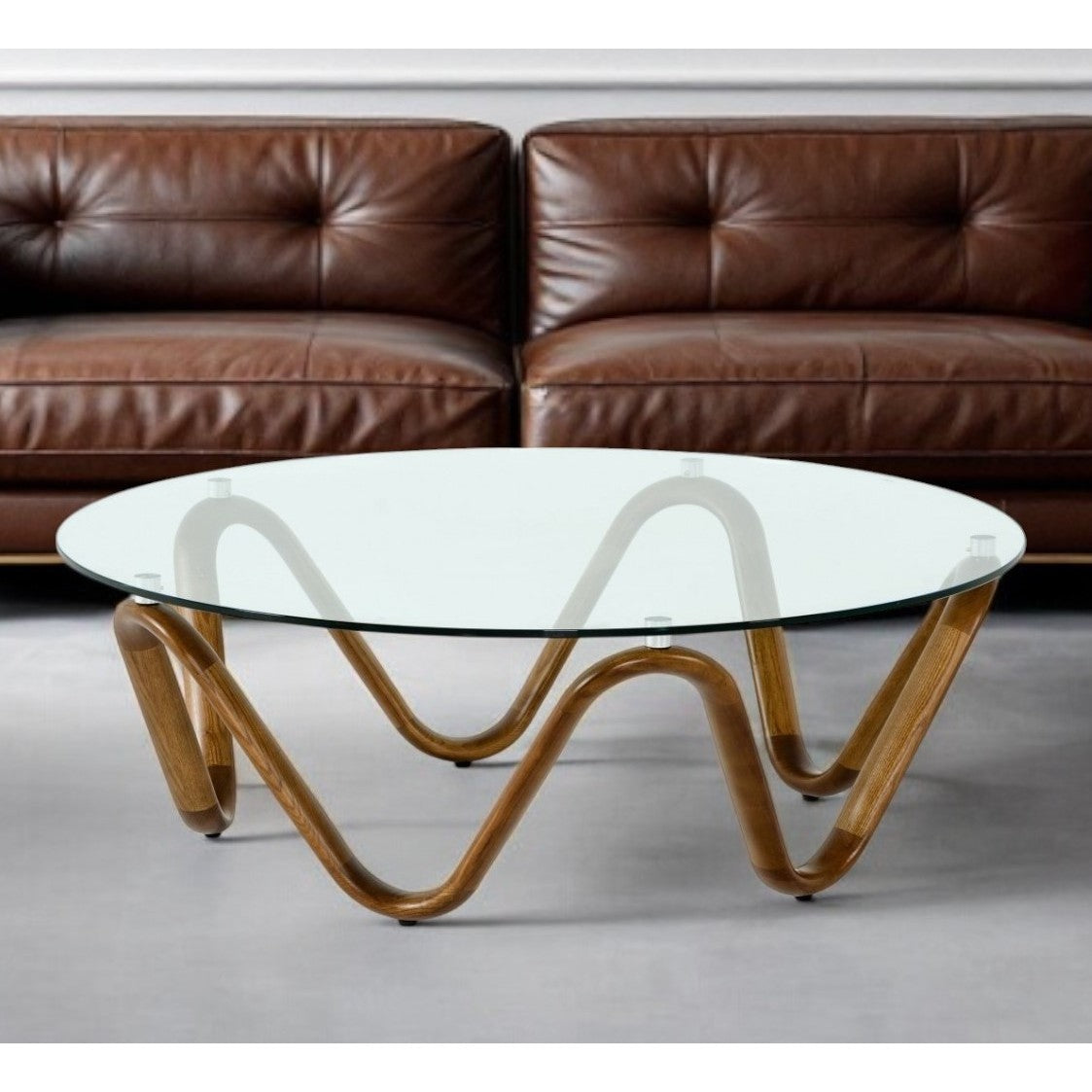HMS 45 Clear and Brown Glass Round Abstract Solid Wood Coffee Table
