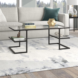 HMS 47\" Black Glass and Steel Coffee Table with Two Shelves Elegant Living Room Furniture for Home Use