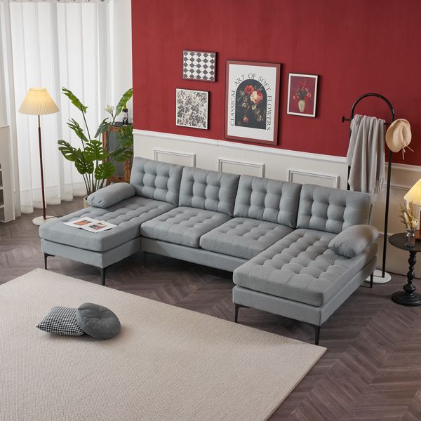 Light Gray U-Shape Indoor Sectional Sofa Soft-Covered Armrest Backrest Pull Point Wooden Frame Iron Frame Black Feet Living Room