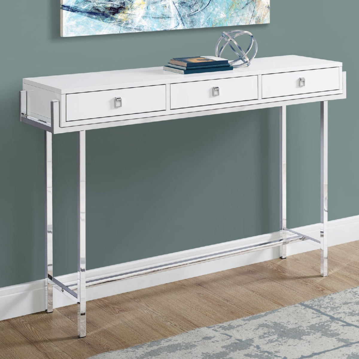 HMS 48\" White Silver MDF Console Table Drawers Accent Rustic/minimalist for Entry Villa Living Room Hotel Bedroom Rustic Decor