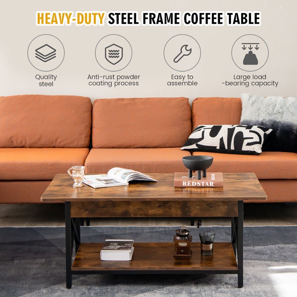 2-Tier Industrial Rectangular Coffee Table with Practical Storage Shelf