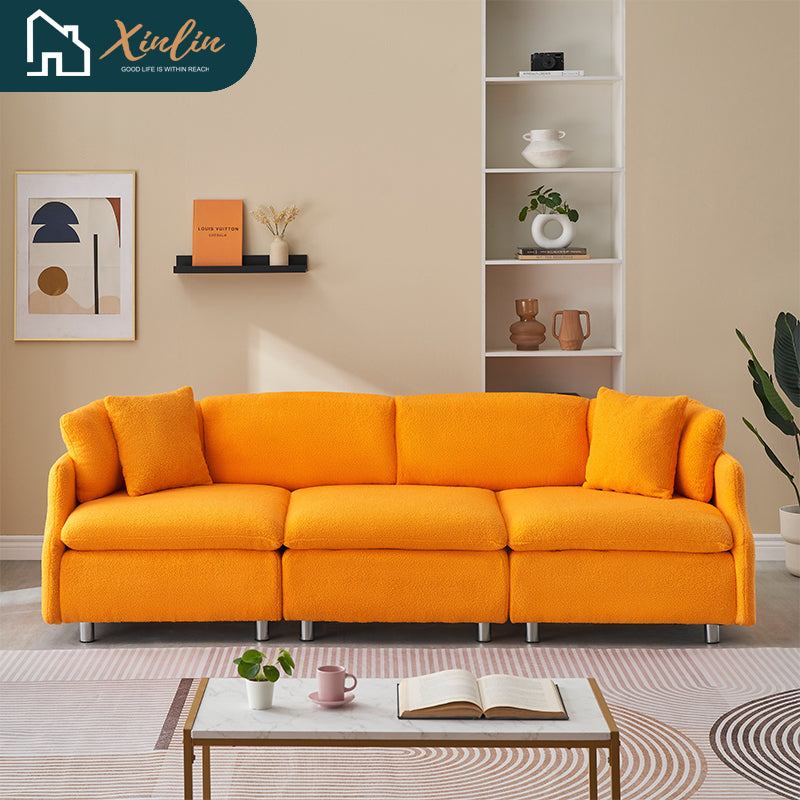 Modern 95.3-Inch Velvet Sofa With Two Throw Pillows Spacious and Comfortable Three-Seater Free Shipping