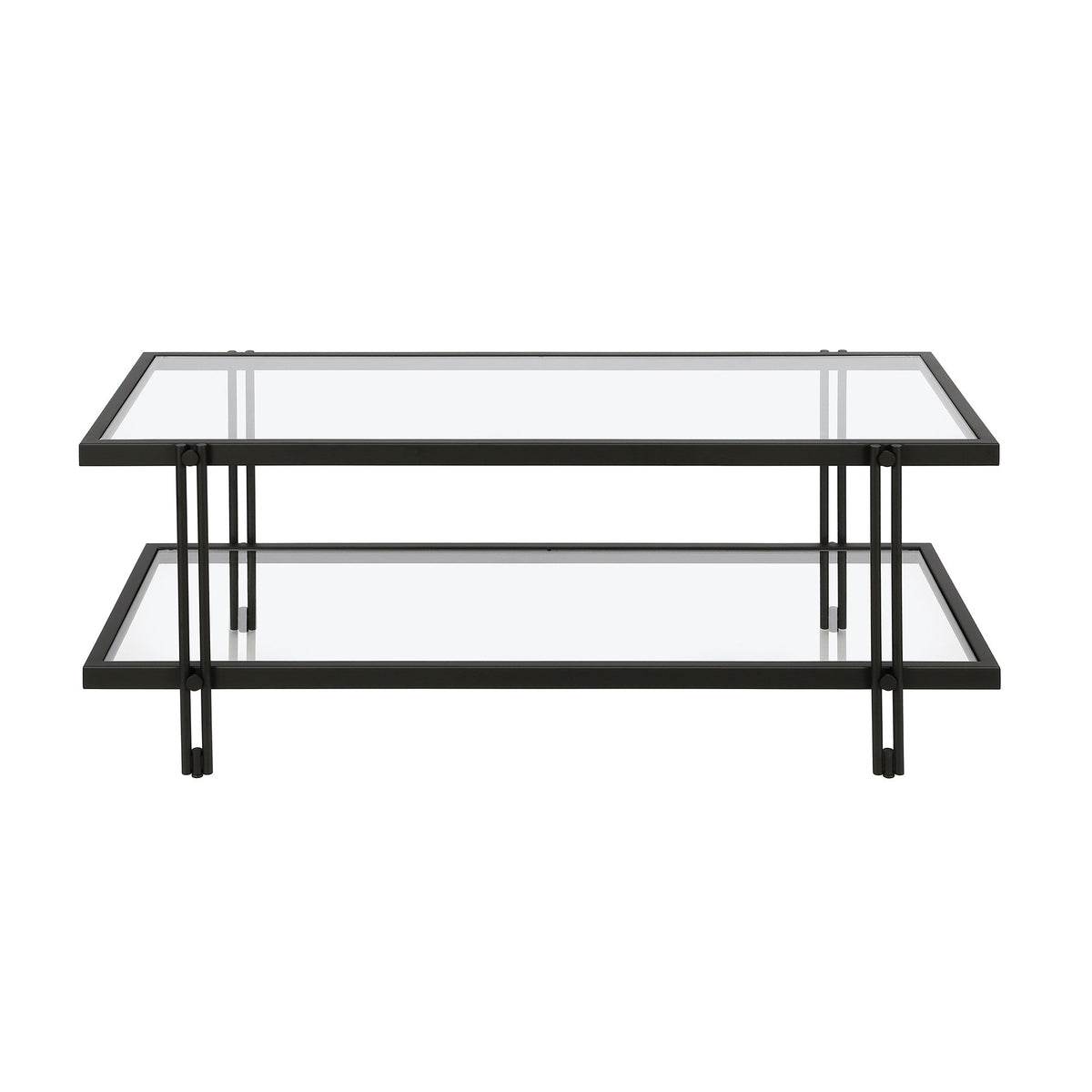 HMS 45 Modern Simple Black Glass and Steel Coffee Table with Shelf Tempered Glass Farmhouse Style for Living Room