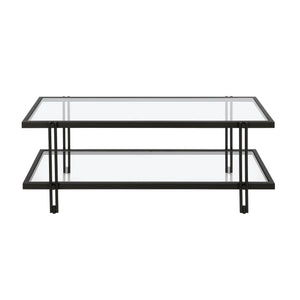 HMS 45 Modern Simple Black Glass and Steel Coffee Table with Shelf Tempered Glass Farmhouse Style for Living Room