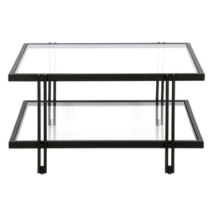 HMS 32\" Clear and Black Glass and Steel Square Coffee Table with Shelf
