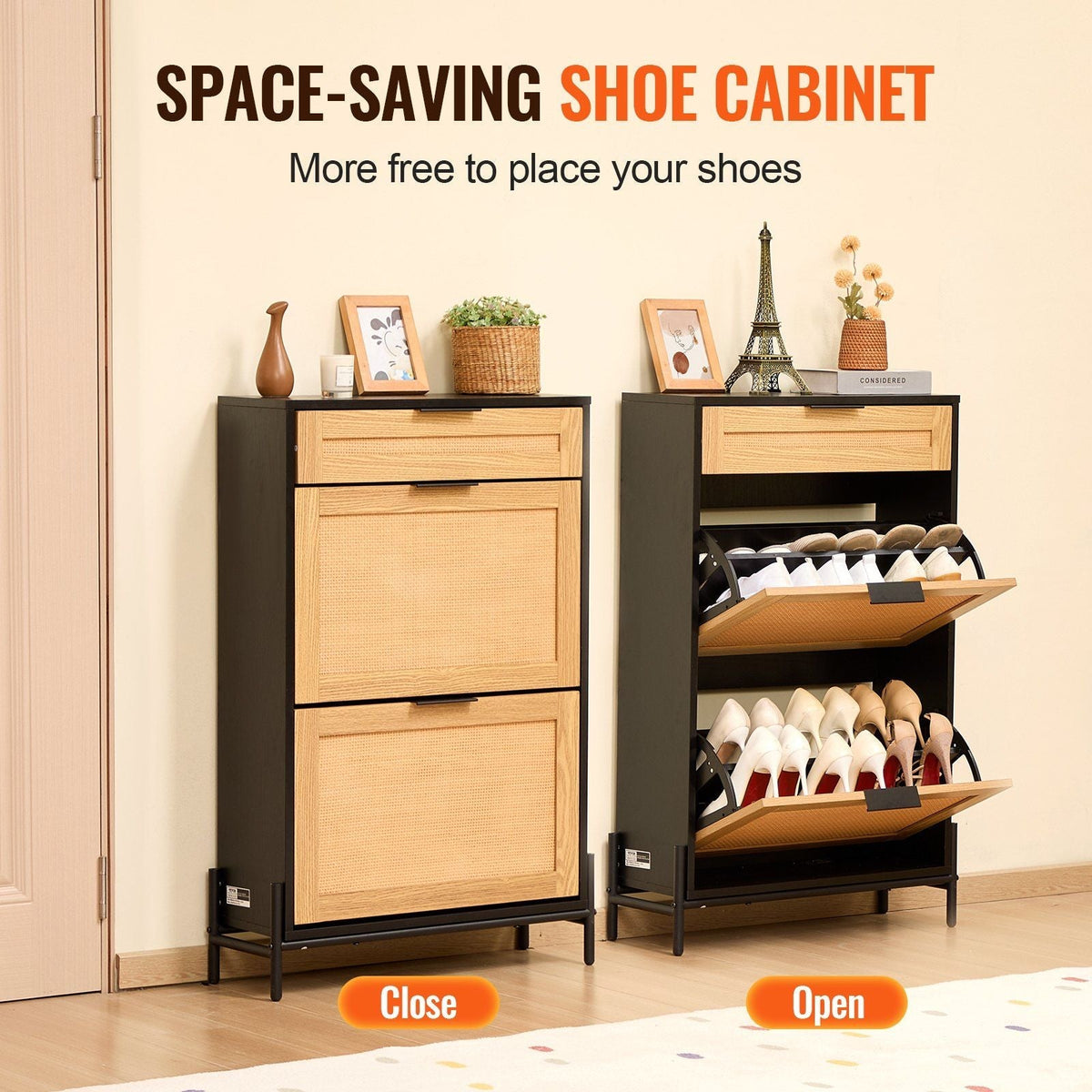 2-Flap Rattan Drawers 1-Slide Drawer Black Metal Legs Slim Narrow Entryway Shoe Storage Organizer Shoe Cabinet