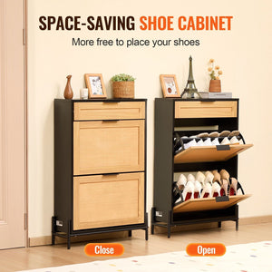 2-Flap Rattan Drawers 1-Slide Drawer Black Metal Legs Slim Narrow Entryway Shoe Storage Organizer Shoe Cabinet