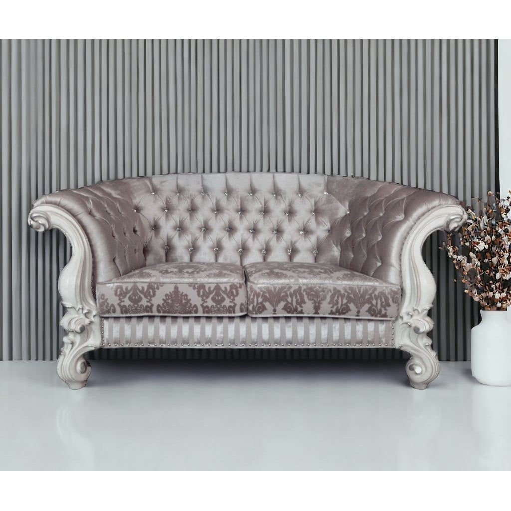 HMS 76 Ivory and Off-White Velvet Chesterfield Sofa Loveseat Set 3-Seater Living Room Furniture with Toss Pillows