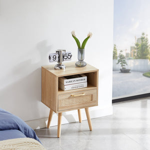 End Table with Drawer and Wood Legs, Modern Nightstand, Side Table for Living Room, Bedroom,natural