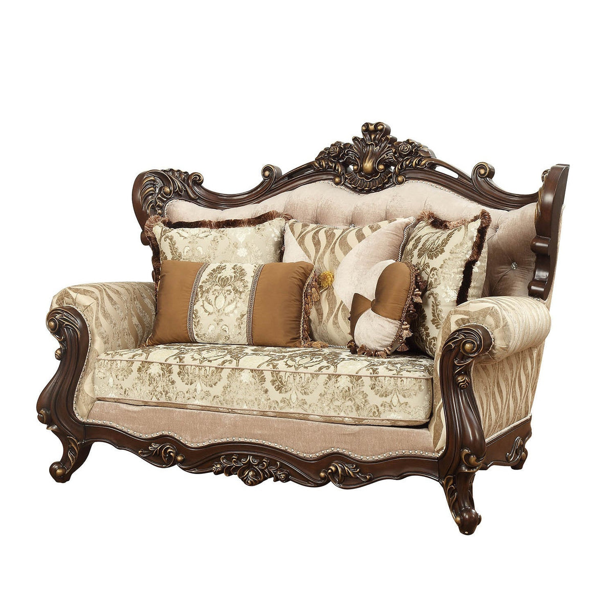 HMS 70 Beige and Brown Chesterfield Loveseat Set Genuine Leather 2-Seater with Toss Pillows for Living Room