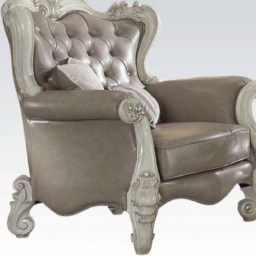 HMS 43\" Gray and Bone Faux Leather Tufted Chesterfield Chair with Toss Pillows Elegant Living Room Furniture