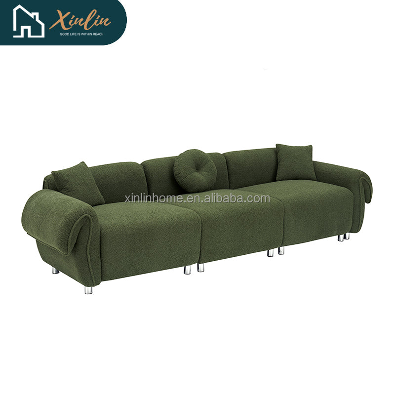 Free Shipping Modern 112-Inch Orange Teddy Velvet Fabric with 3 Wooden Pillows for Three-Seat Sofa in Living Room
