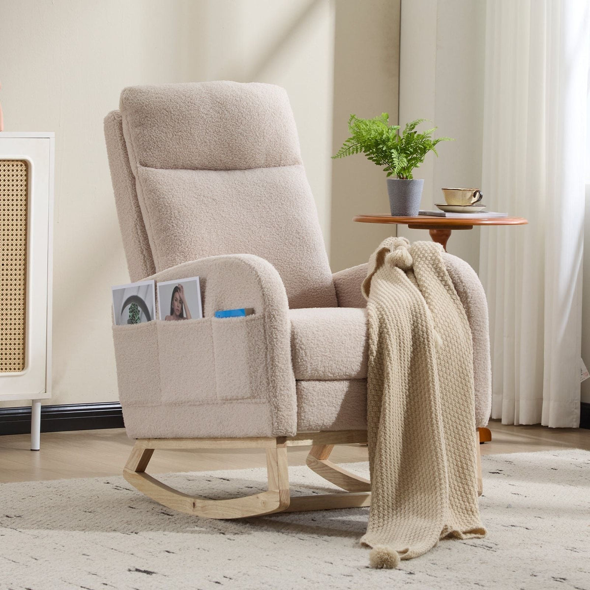 Modern Accent Armchair High Backrest Solid Wood Legs Beige Upholstery Comfortable Rocking Nursery Glider for Living Room Side