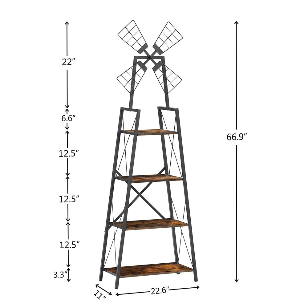 4-Tier Bookshelf with Windmill Metal Frame Display Storage Shelves Bookcase Organizer for Living Room & Home Office
