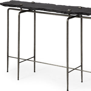 HMS Contemporary Six Leg Console Table 17\" Black and Silver Slate Wood MDF Glass for Living Room or Hotel Bedroom Furniture