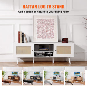 Modern Boho 65-Inch TV Stand Rattan Door White Entertainment Center Living Room Media Room USB Socket Ports for Home Theater