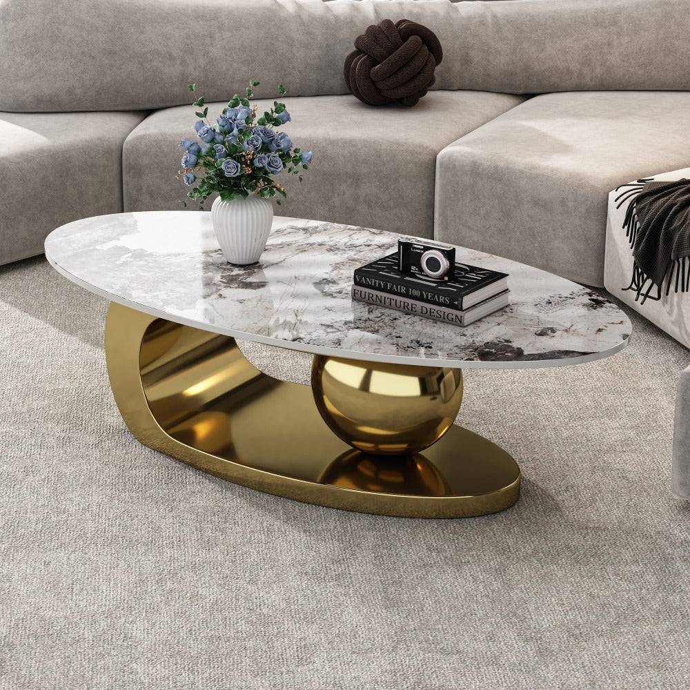 51 Inches Oval Faux Marble Coffee Table With Stainless Steel Base