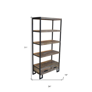 HMS 71 Brown Distressed Solid Wood Four-Tier Etagere Bookcase with Practical Two Drawers