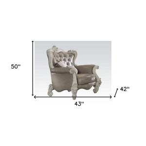 HMS 43\" Gray and Bone Faux Leather Tufted Chesterfield Chair with Toss Pillows Elegant Living Room Furniture