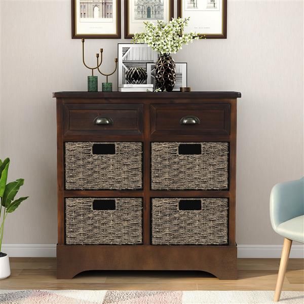 Espresso Rustic Dining/Living Room Storage Cabinet with Two Drawers and Four Classic Rattan Baskets