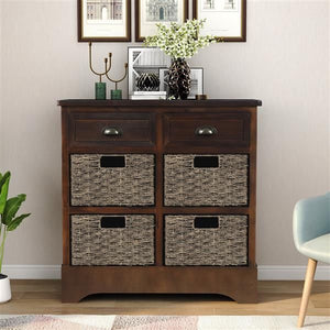 Espresso Rustic Dining/Living Room Storage Cabinet with Two Drawers and Four Classic Rattan Baskets