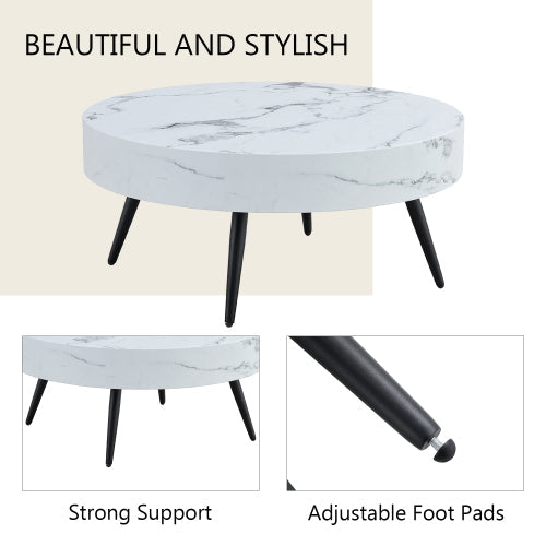 31.5 White Marble-Patterned MDF Round Coffee Table with Black Metal Feet FCJ Design