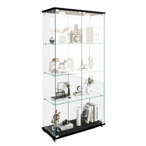 Modern Black Four Layers Two Door Glass Display Cabinet with Led Light and Wheels Living Room Furniture