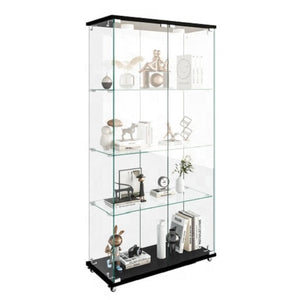 Modern Black Four Layers Two Door Glass Display Cabinet with Led Light and Wheels Living Room Furniture