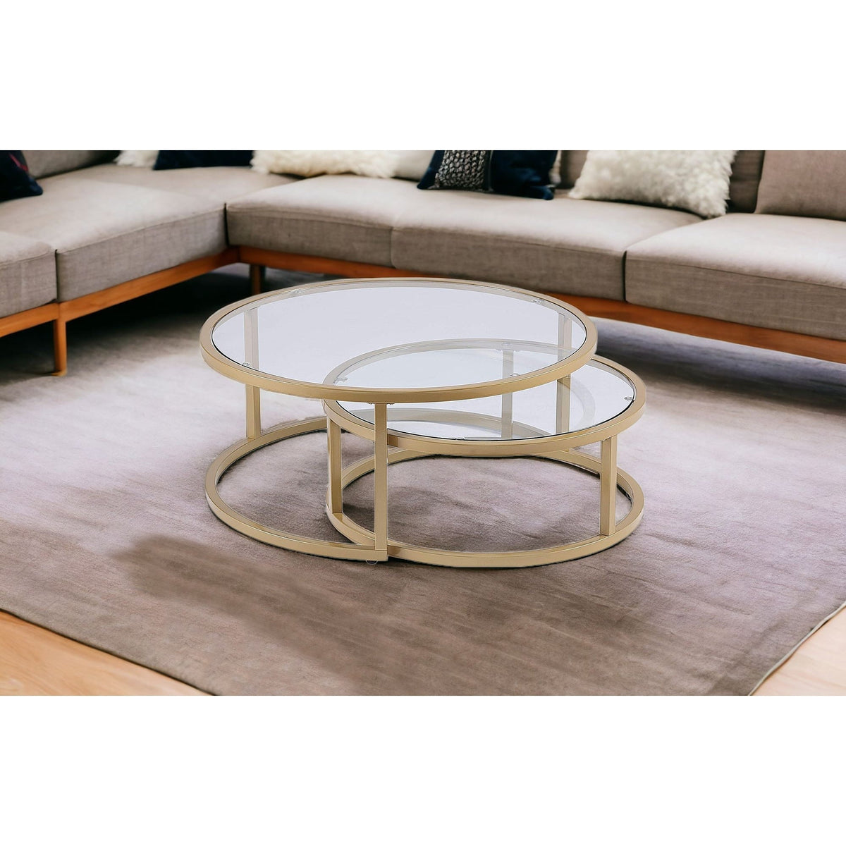 HMS Convertible Gold Glass Round Nested Coffee Tables Farmhouse Style Living Room Furniture for Tea or Coffee