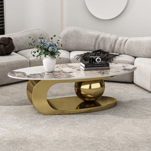 51 Inches Oval Faux Marble Coffee Table With Stainless Steel Base