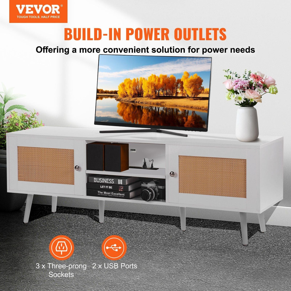 Modern Boho 65-Inch TV Stand Rattan Door White Entertainment Center Living Room Media Room USB Socket Ports for Home Theater