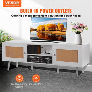 Modern Boho 65-Inch TV Stand Rattan Door White Entertainment Center Living Room Media Room USB Socket Ports for Home Theater