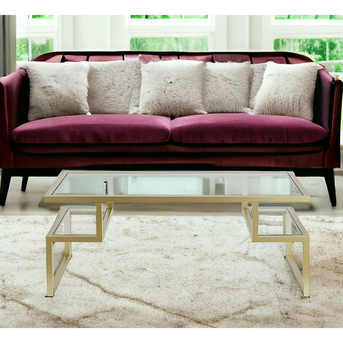 HMS 45\" Gold Glass and Steel Coffee Table for Living Room Rectangular Tempered Glass Top with Two Shelves