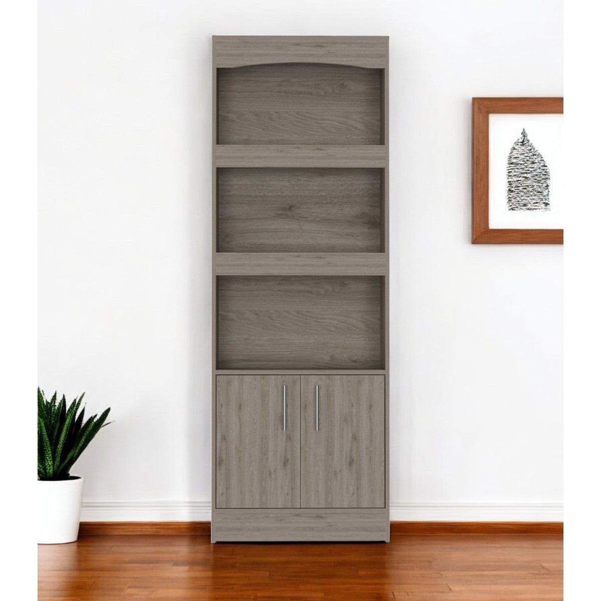 HMS 71 Three-Tier Bookshelf with Two Doors Foldable Living Room Furniture for Home Office Workshop Bedroom Application