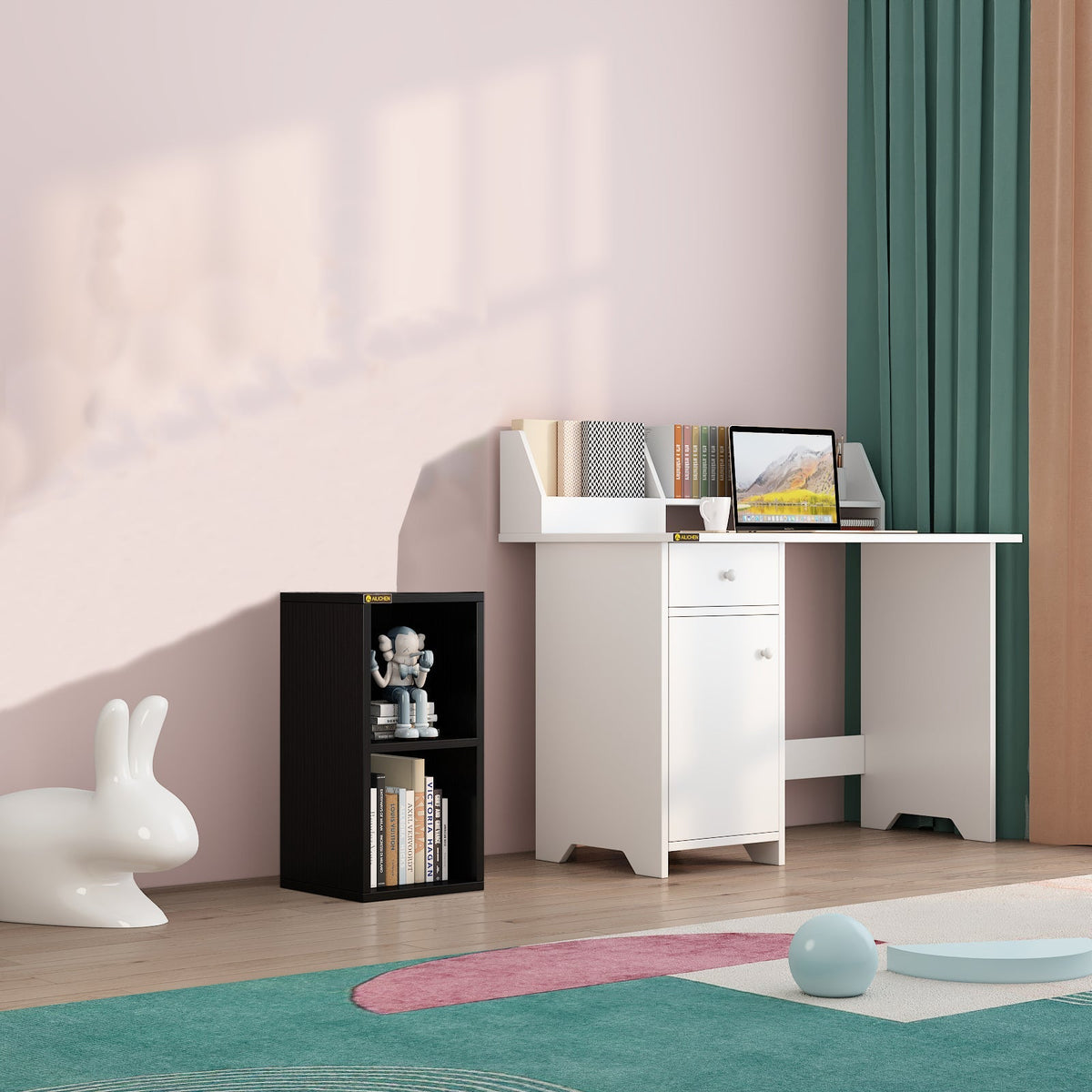 YQ FOREVER 2 Tier Black Bookcase Wooden Shelving Display Storage Unit Office Living Room Furniture