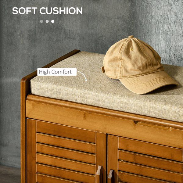 Brown Shoe Bench with Storage Cabinets Practical Shoe Rack with Hidden Storage Space