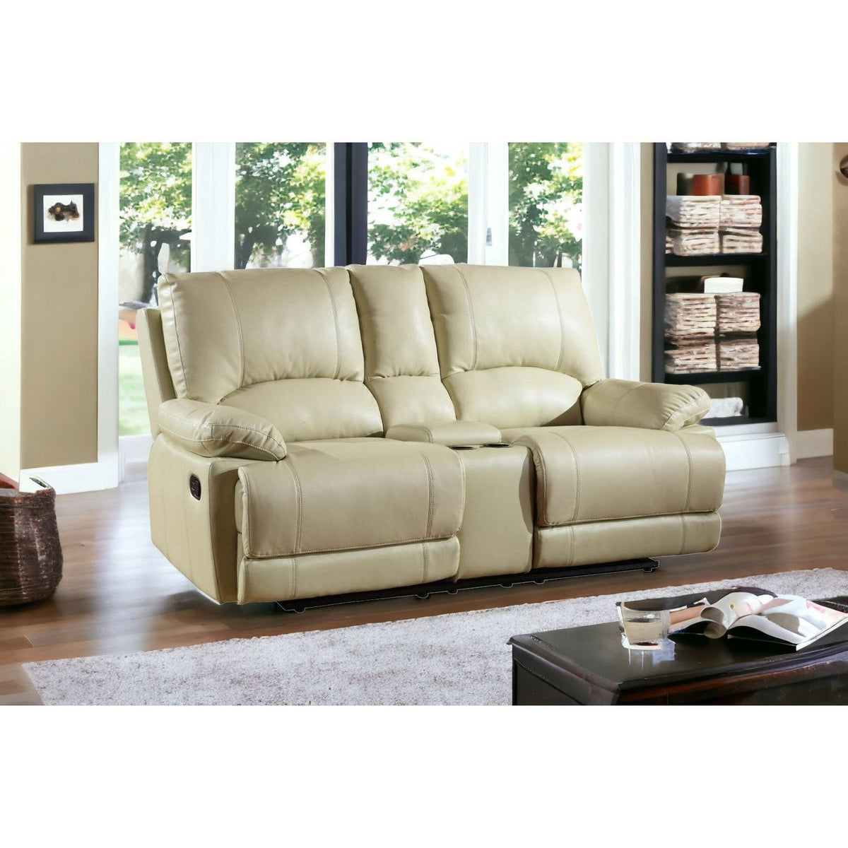 76" Modern Beige Manual Reclining Love Seat Extendable Feature Genuine Synthetic Leather Upholstery Massage Storage Included
