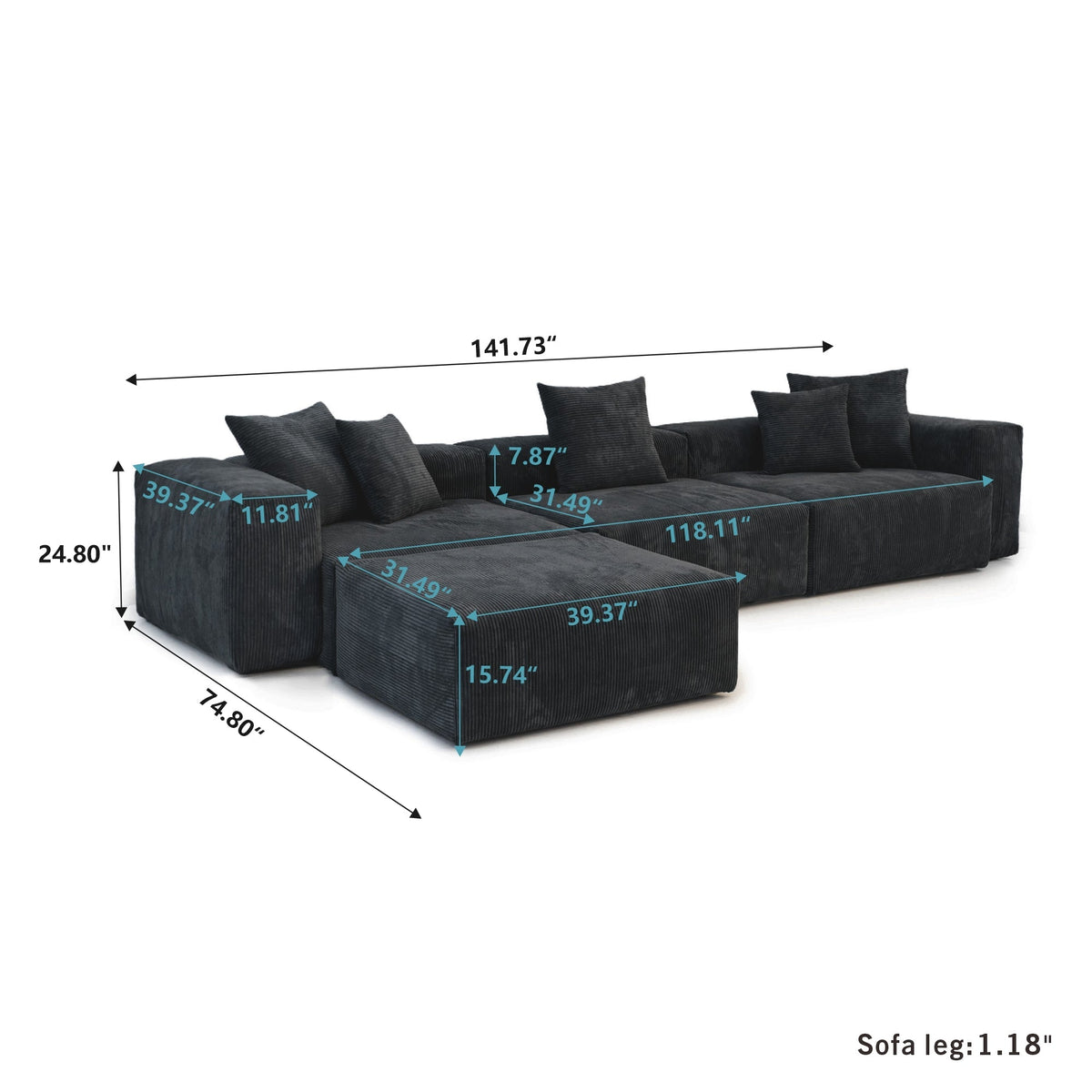 American Vacuum Compressed Black Modular Sectional Sofa Couch Large Corduroy Fabric Sofa Set