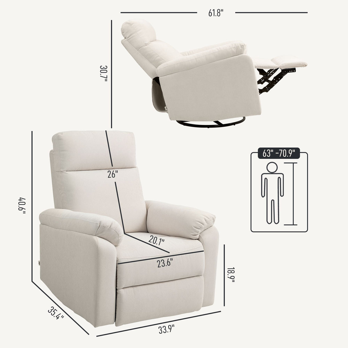 Cream Single Sofa Recliner Chair Wide Swivel Rocker with Pocket Spring Footrest Quick Assembly Overstuffed Comfortable Design