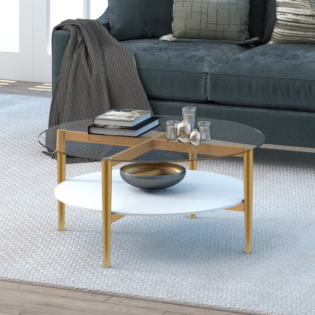 HMS 36\" Clear and Gold Glass and Steel Round Coffee Table with Shelf