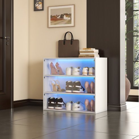 Solid Wood Shoe Rack Cabinet Convertible White Glass Door Shoe Storage with RGB LED Light Home Furniture-FCJ
